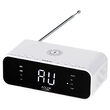 Radio FM cu ceas desteptator, Incarcator wireless, Bluetooth, AUX, USB, Alb, 5 W