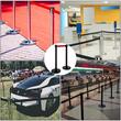 Set 4 stalpi delimitare cu suport avertizare, Centura in 4 directii lungime 2 m, Inox, Negru, Inaltime 90 cm
