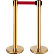 Set 6 stalpi delimitare cu suport avertizare, Inox, Centura rosie in 4 directii lungime 2 m, Auriu, Inaltime 90 cm