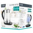 Fierbator electric cordless, Inox si Sticla, Capacitate 1.7 l, putere 2200 W, functie de mentinere temperatura constanta