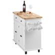 Insula bucatarie, blat lemn masiv, 4 roti blocabile, 1100x450x825 mm, Alb/Maro, 2 x sertare, 2 x dulapioare, suport prosop si condimente