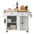 Insula bucatarie, blat lemn masiv, 4 roti blocabile, 1100x450x825 mm, Alb/Maro, 2 x sertare, 2 x dulapioare, suport prosop si condimente