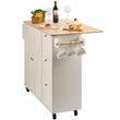 Insula bucatarie, blat rabatabil lemn masiv, 4 roti blocabile, 1430x680x990 mm, Alb/Maro, 3 x sertare, 1 x dulapior, suport prosop si condimente