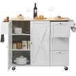 Insula bucatarie, blat rabatabil lemn masiv, 4 roti blocabile, 1430x680x990 mm, Alb/Maro, 3 x sertare, 1 x dulapior, suport prosop si condimente