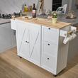 Insula bucatarie, blat rabatabil lemn masiv, 4 roti blocabile, 1430x680x990 mm, Alb/Maro, 3 x sertare, 1 x dulapior, suport prosop si condimente