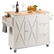 Insula bucatarie, blat rabatabil lemn masiv, 4 roti blocabile, 1430x680x990 mm, Alb/Maro, 3 x sertare, 1 x dulapior, suport prosop si condimente