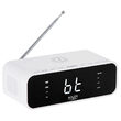 Radio FM cu ceas desteptator, Incarcator wireless, Bluetooth, AUX, USB, Alb, 5 W