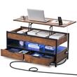Masuta de cafea Lift Top, 2 in 1 Desktop birou Extensibil, 1000 x 498 x 480 mm, Maro, Lumina ambientala, 2 x 3 prize, 2 x porturi USB, buzunare depozitare
