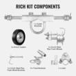 Kit Roti cauciuc cu suport pentru porti culisante, Otel galvanizat, max 300 kg, 144.3×305 mm, potrivit tocurilor de usi si sinelor de la 32-42 mm