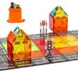 Set constructie Blocuri magnetice 56 buc, Senzoriale Stem, Drumuri cu semne de circulatie, Geanta depozitare