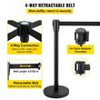 Set 4 stalpi delimitare, Banda retractabila in 4 directii, Inox/Otel, Negru, Inaltime 90 cm, Heavy Duty, Lungime banda 2 m