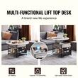 Masuta de cafea rotunda Lift Top, 2 in 1 Desktop birou Extensibil, 900 x 900 x 510 mm, Gri/Negru, buzunare depozitare