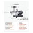 Masina profesionala de tocat carne, Inox, 1100 W, motor fara perii, Capacitate 9.5 kg/min, 2 x site, accesoriu carnati, 2 x lame