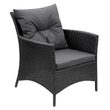 Set mobilier de gradina, canapea si 2 fotolii, max 150 kg, gri inchis, cu perne, blat din sticla