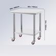 Masa de lucru Inox, pentru preparare alimente, 760x600x850 mm, 1 x rafturi, 4 x roti, Inaltime reglabila