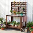 Suport masa gradinarit, Lemn, 115 x 66 x 169.5 cm, 4 x roti, Carlige, Rafturi depozitare, Maro, Blat inox