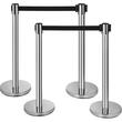 Set 6 stalpi delimitare, centura retractabila in 4 directii, Inox, Argintiu, Inaltime 90 cm, baza stabila