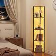 Raft multifunctional de colt cu 5 etaje, Lumina led, Metal/MDF, 29.5 x 29.5 x 162.6 cm, pentru plante, carti, decoratiuni