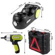Kit cric hidraulic cu compresor si cheie electrica cu impact pentru roti, Capacitate 5 Tone, Alimentare 12 V, Inaltime 155-420 mm, Lanterna