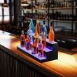 Suport bauturi cu 3 trepte, Iluminare led RGB, Telecomanda si App, Alimentare retea sau Power Bank, 762x300x250 mm, Portabil, Acril