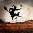 Decoratiune metalica de perete Krodesign Witch & Cat Halloween, diametru 48 cm, negru