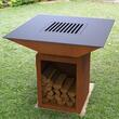 Gratar cu plita 10 mm si vatra de gatit Krodesign KRO-1292, dimensiune 1050(H)975x975 mm, Otel Corten, Spatiu depozitare lemne