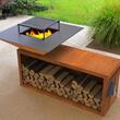 Gratar cu plita 10 mm si vatra de gatit pe lemne Krodesign KRO-1293, dimensiune 1050(H)975x975 mm, Otel Corten, Spatiu depozitare
