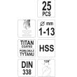 Set burghie titan pentru metal, Yato YT-44676, 25 buc, HSS TiN, 1-13mm