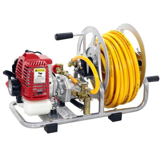 Pulverizator profesional cu motor, Geo Tech 2 timpi, 1 CP, 15-25 bar, Furtun 20 m, 8 l/min