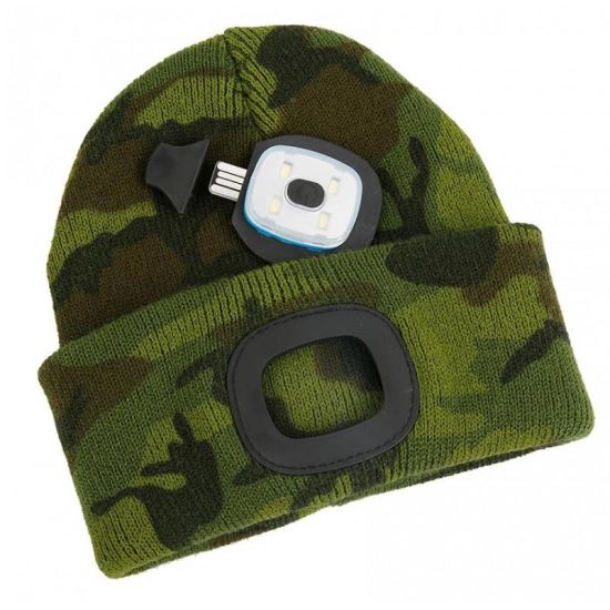 Caciula cu LED reincarcabila prin USB, Strend Pro Albacore, Camuflaj, marime universal, 4xSMD, Li-Ion