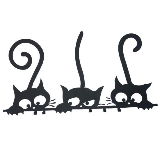 Suport chei cu 5 agatatori, Krodesign Three Cats KRO-1129, 60x30 cm, Negru
