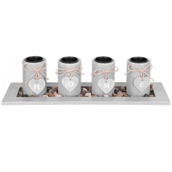 Suport pentru 4 lumanari Strend Pro Vintage Home, 39x12.5x10 cm, gri, pietricele