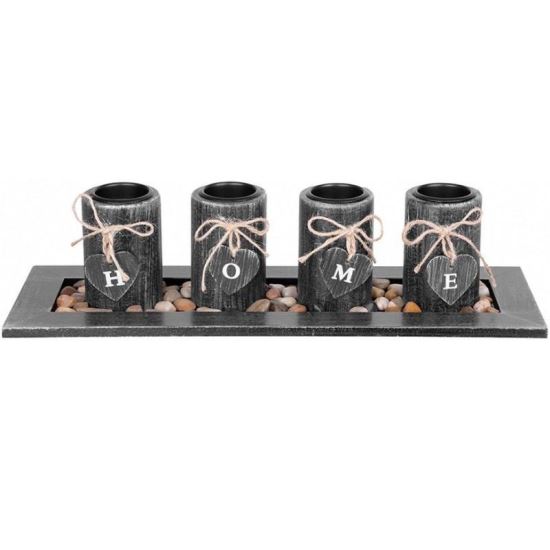 Suport pentru 4 lumanari Strend Pro Vintage Home, 39x12.5x10 cm, negru, pietricele