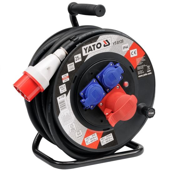 Prelungitor trifazat cu tambur, Yato YT-8120, lungime 25 m, 3 prize, 1x400V, 2x230 V, IP44