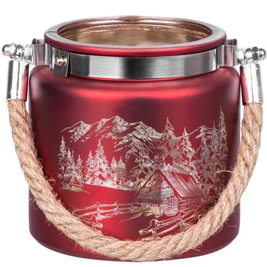 Suport decorativ pentru lumanari Strend Pro Mountain, din sticla si metal, 10x10 cm, Rosu