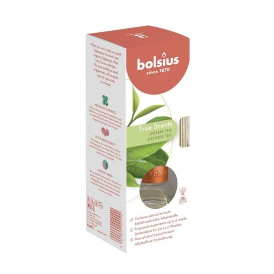 Difuzor parfum cu betisoare Bolsius Green Tea, 45ml, aroma ceai verde