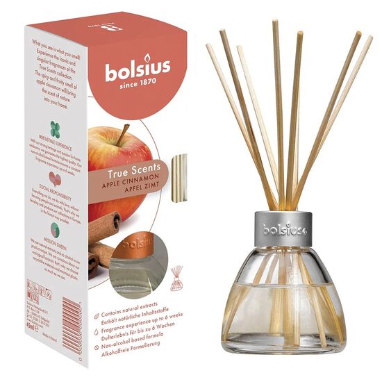 Difuzor parfum cu betisoare Bolsius Apple Cinnamon, 45ml, aroma mar si scortisoara