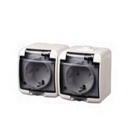 Priza montaj aparent Home Aquastar 22121, alb, 2 locasuri, IP 44, capac fumuriu transparent