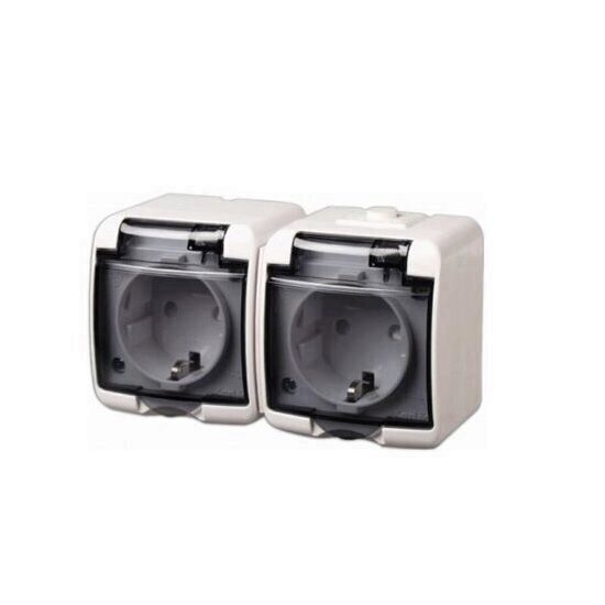 Priza montaj aparent Home Aquastar 22121, alb, 2 locasuri, IP 44, capac fumuriu transparent