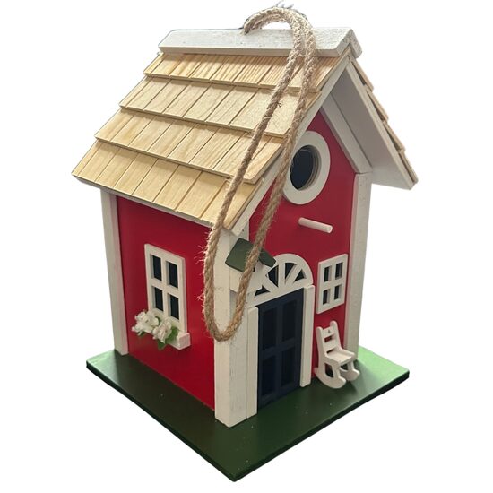 Casuta din lemn pentru pasarele, cu agatatoare, dimensiune 18.5x18.5x25 cm, rosie
