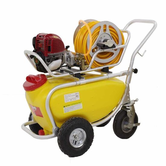 Pulverizator profesional cu carucior Geo Tech 4S , cu tanc de 50 litri, motor pe benzina 4 timpi, 1.5CP, 15-25Bar, Inaltime pulverizare 6 m, furtun 50 m
