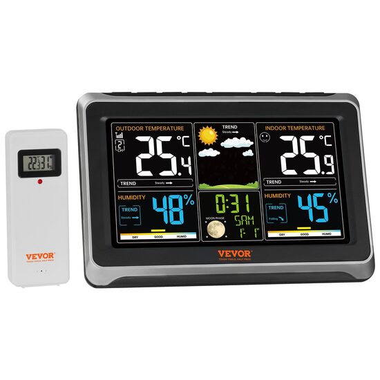 Statie meteo de interior/exterior, Vevor 7”, fara fir, Temperatura si Umiditate, Barometru, Prognoza meteo, ceas atomic, 205.9 x 141.6 x 26.5 mm