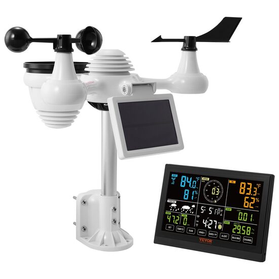 Statie meteo wireless VEVOR WiFi 7 in 1, afisaj color 7,5 inchi, interior/exterior, temperatura, umiditate, viteza vantului/directie, ploaie UV, prognoza meteo, alarma