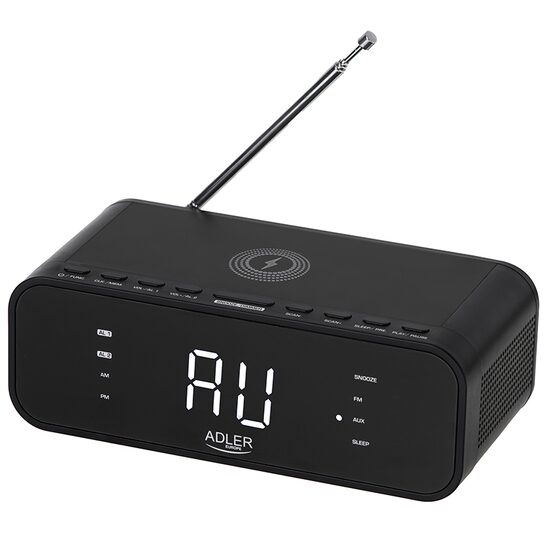 Radio FM cu ceas desteptator, Incarcator wireless, Bluetooth, AUX, USB, Negru, 5 W