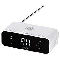 Radio FM cu ceas desteptator, Incarcator wireless, Bluetooth, AUX, USB, Alb, 5 W