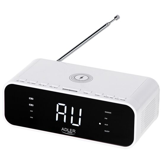 Radio FM cu ceas desteptator, Incarcator wireless, Bluetooth, AUX, USB, Alb, 5 W