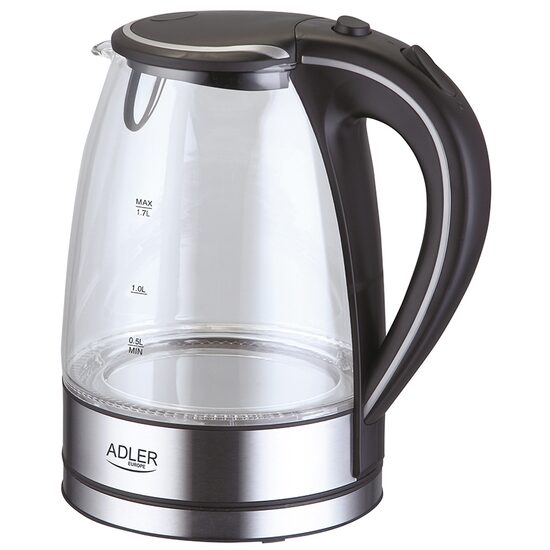 Fierbator electric cordless, Inox si Sticla, Capacitate 1.7 l, putere 2200 W, cana gradata, 24 x 21 x 16 cm