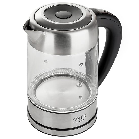 Fierbator electric cordless, Inox si Sticla, Capacitate 1.7 l, putere 2200 W, cana gradata, Reglare si mentinere temperatura
