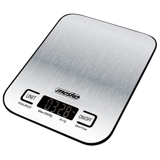 Cantar de bucatarie ultra subtire, Mesko Inox, Ecran LCD, 1g-5kg, Baterie 2 x AA