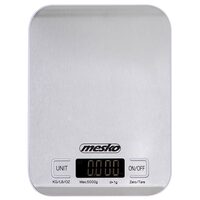 Cantar de bucatarie ultra subtire, Mesko Inox, Ecran LCD, 1g-5kg, Baterie 2 x AA, Argintiu
